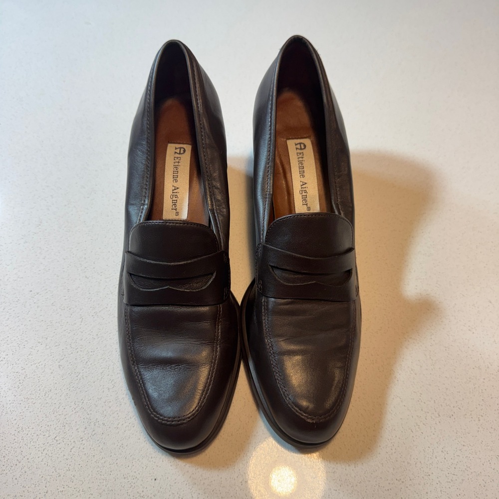 Vintage Etienne Aigner Brown Leather Penny Loafer Block Heels Womens 9 Narrow